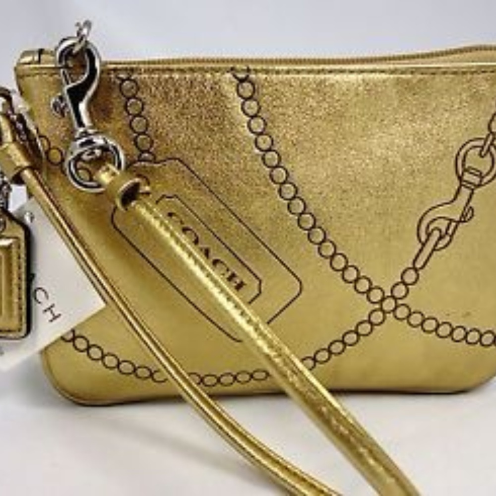 NWT Coach Wristlet Metallic Gold ID Pouch Clutch - Picture 1 of 4